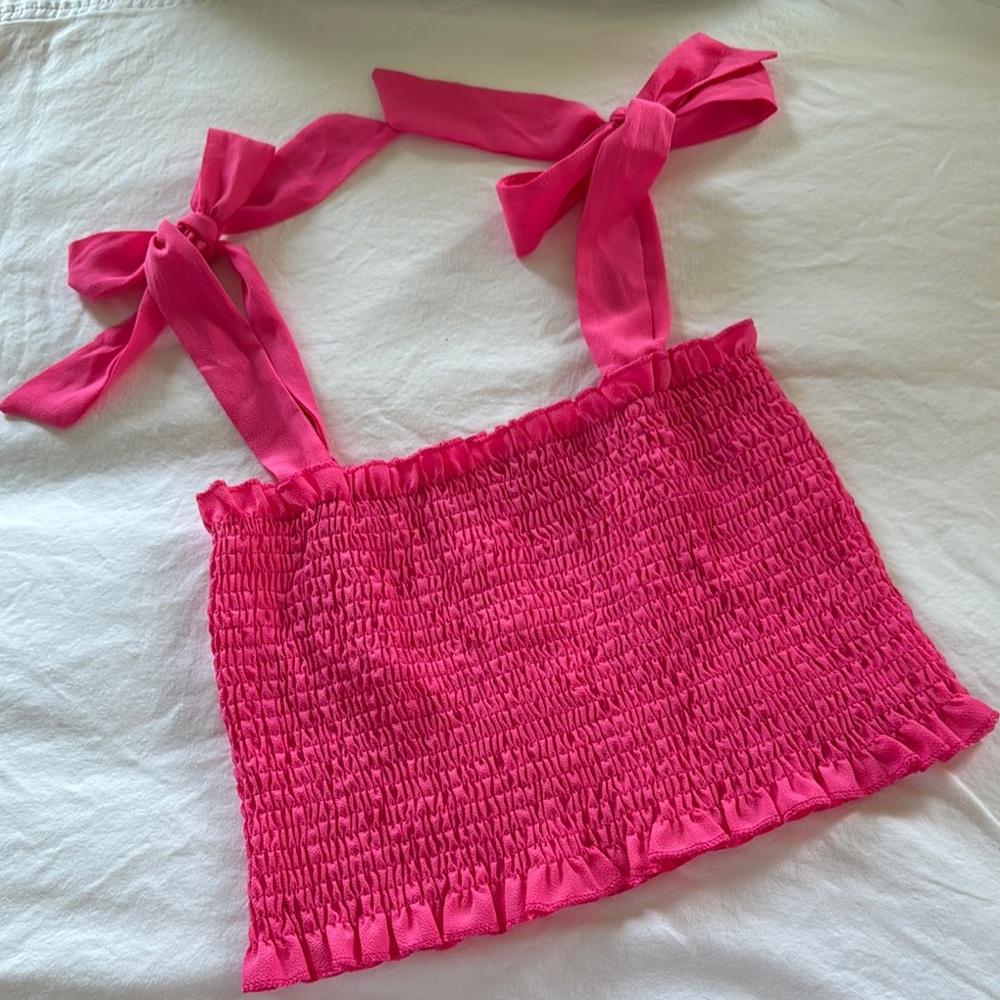 Pink Smocked Crop Top with Bow Straps